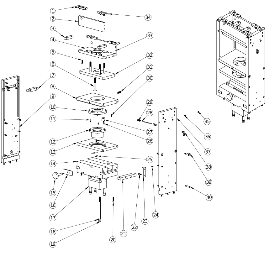 Exploded machine assembly drawing with numbered components
