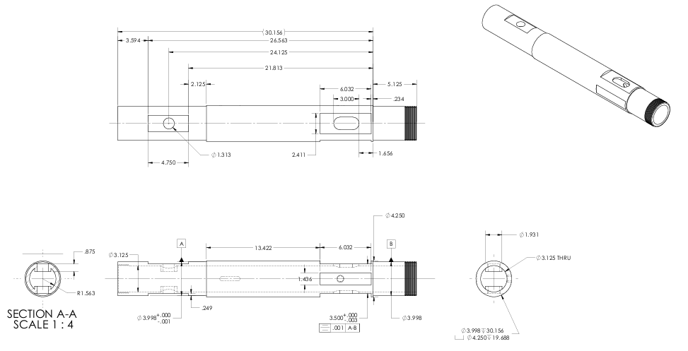Machined shaft detail engineering drawing