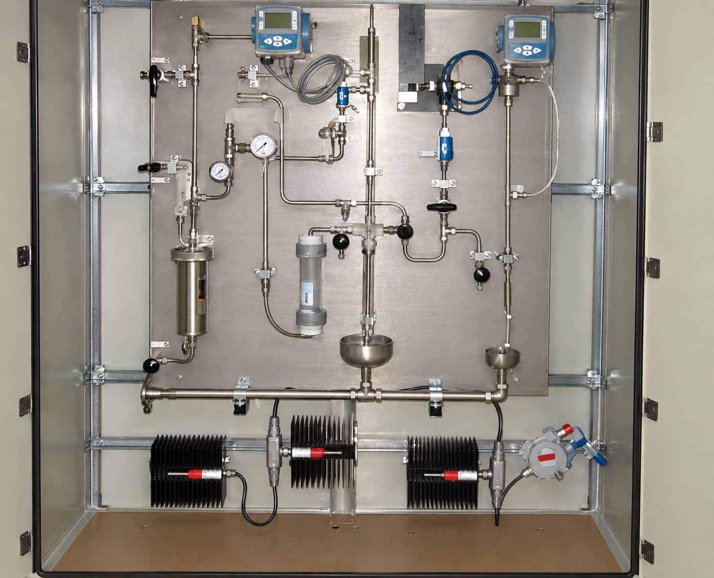 Instrumentation cabinet showing device layout and tubing