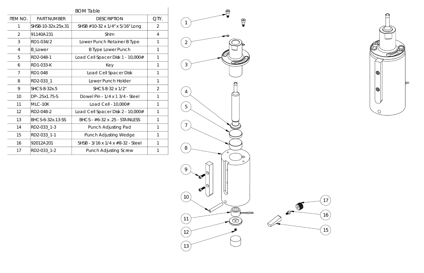 BOM + exploded assembly engineering drawing